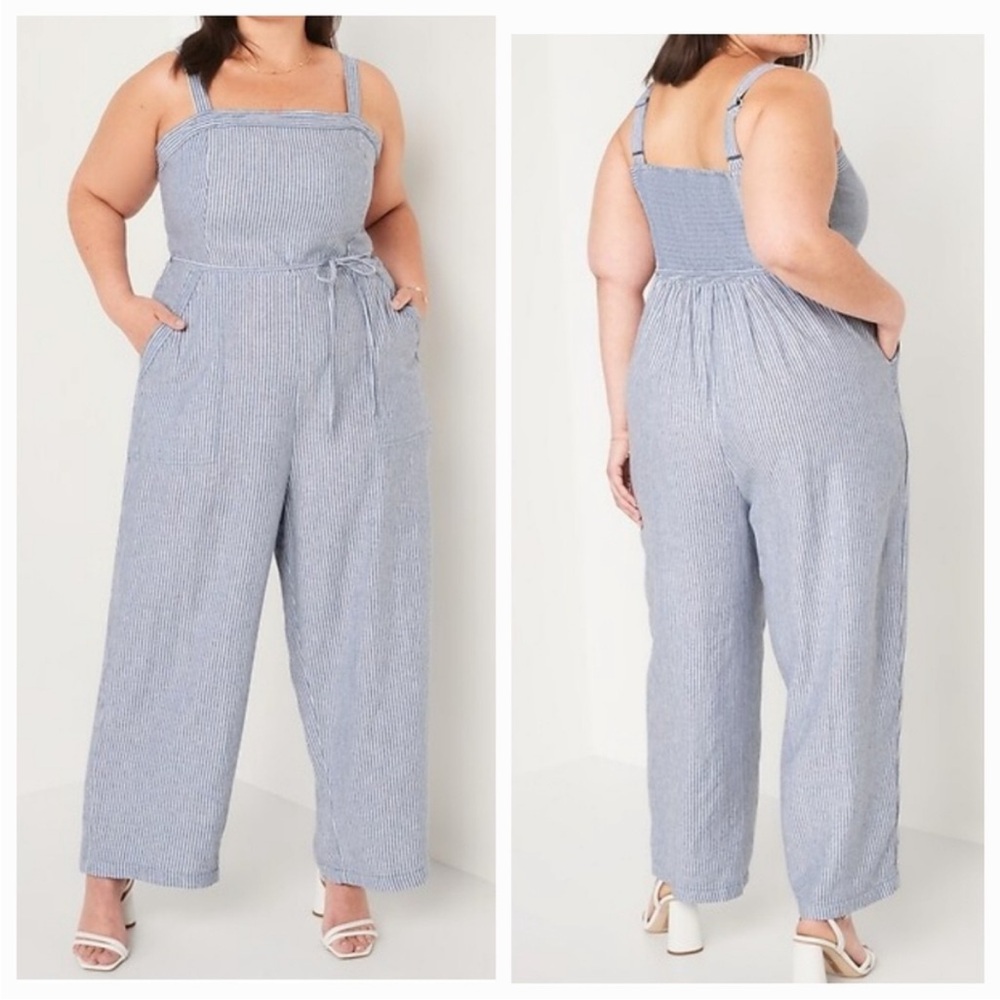 Old Navy Blue & White Sleeveless Lined Blend Tie Belt Wide Leg Jumpsuit Sz 2X